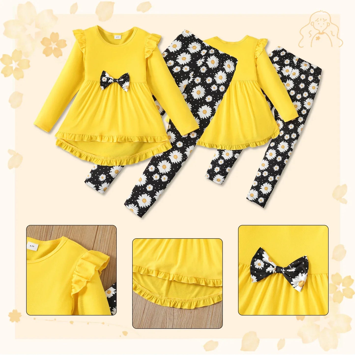 2pcs  Set- Girl Long-sleeve top with Ruffled bow Design and Floral Print Leggings