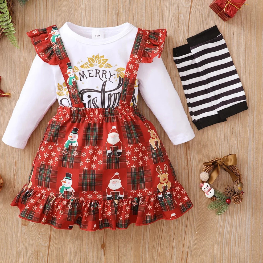 Baby Girl holiday Tassel Sleeve Romper and Plaid Bodysuit