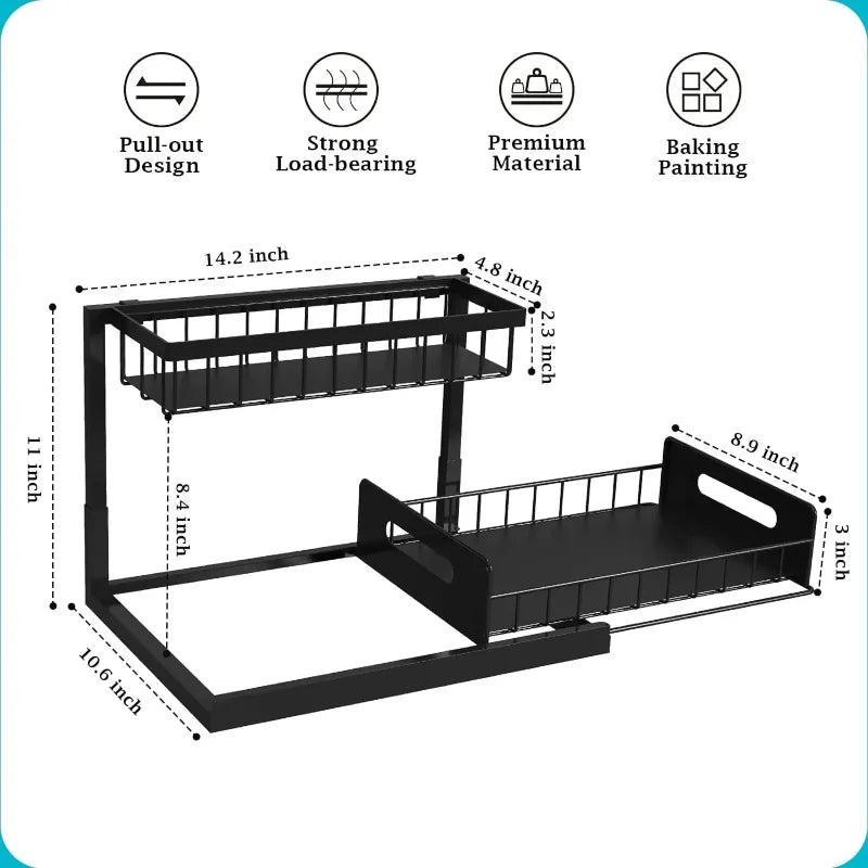 Under Sink 2 Tier Sliding Cabinet Basket with Pull Out Cabinet Multi-Purpose