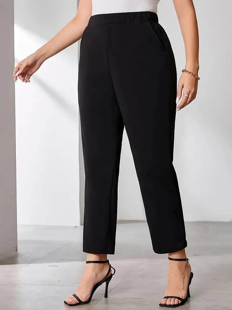 Plus Size Black Elastic Waist Office Trousers with Pockets