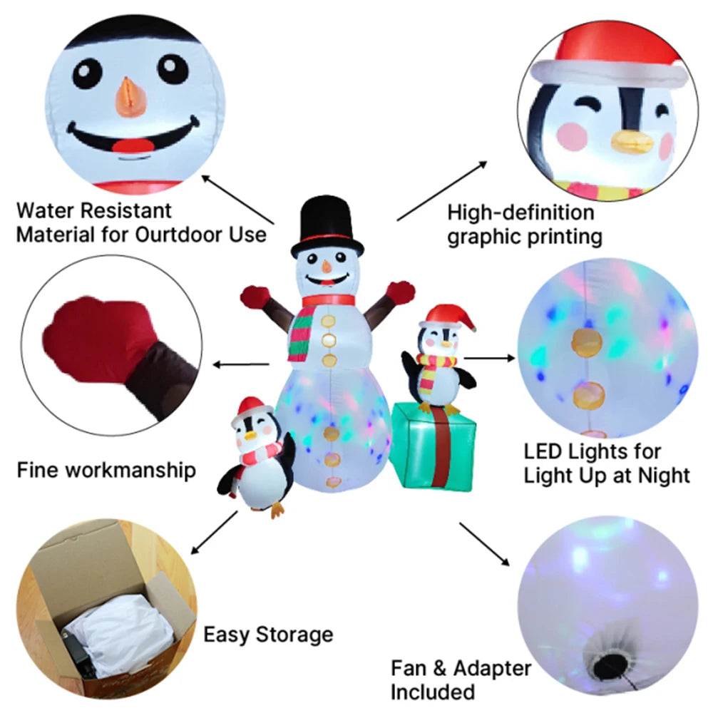 1.8M/6FT LED Christmas Inflatable - Snowman W/Two Penguins & gift