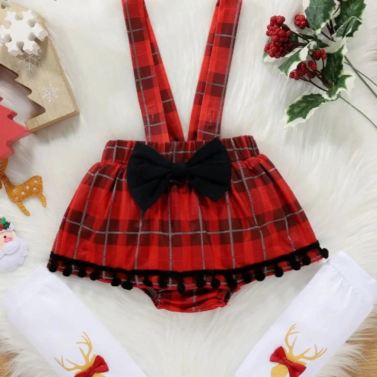 Baby Girl holiday Tassel Sleeve Romper and Plaid Bodysuit