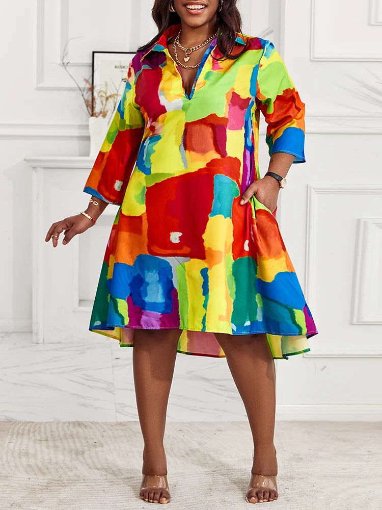 Plus Size Flowy Shirt Dress- All over melting colors print