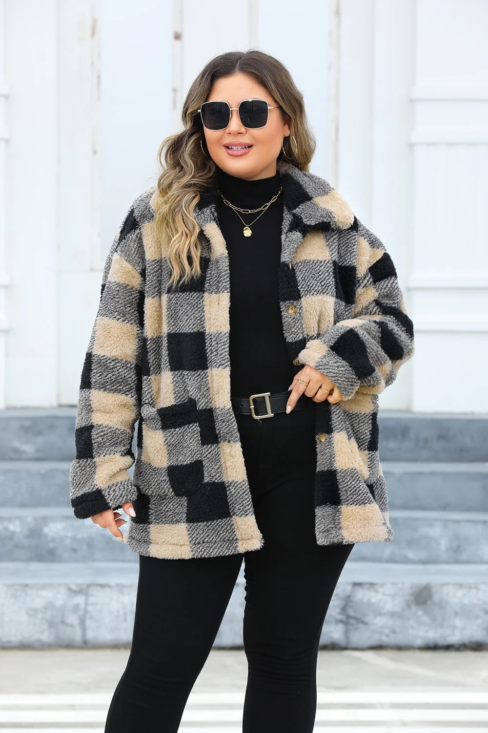 Plus Size Plaid Single Breasted Long Sleeve Plush Lapel Jacket with Pockets