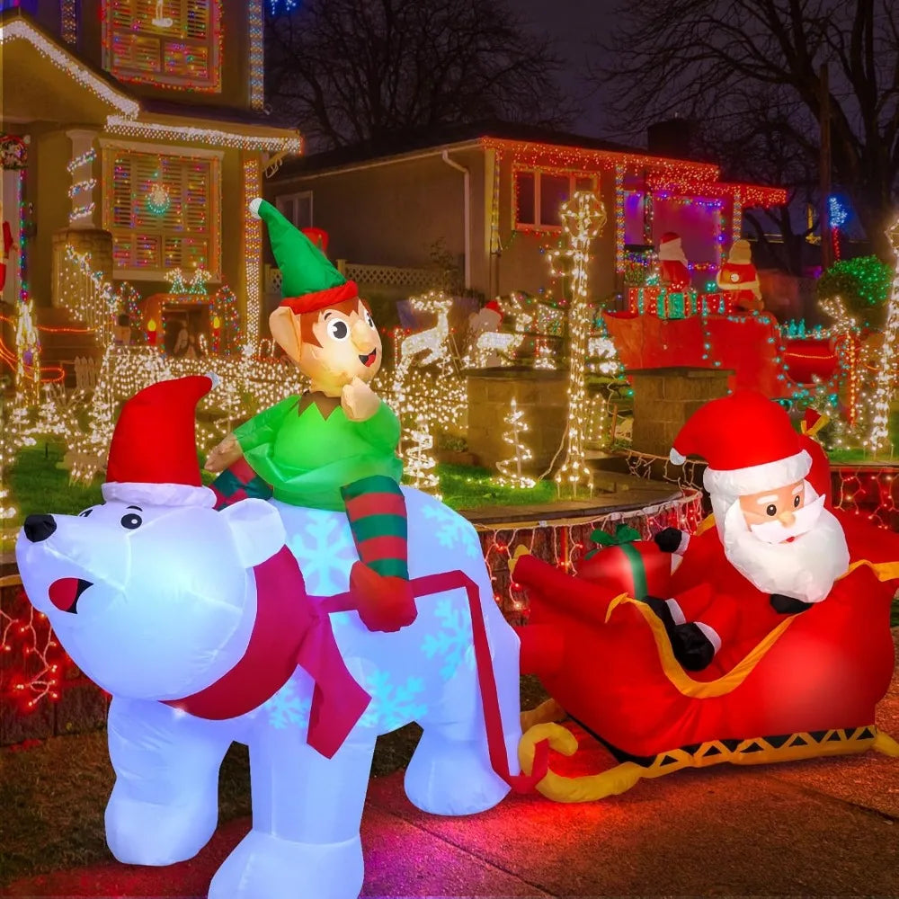 9.5Ft Outdoor Christmas Inflatables - Elf on polar bear pulling Santa Claus on Sleigh