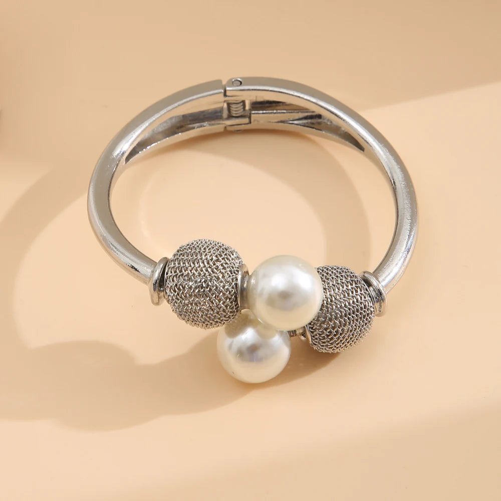 Pearl Ball Bangle Bracelet- Open Cuff Mesh Net