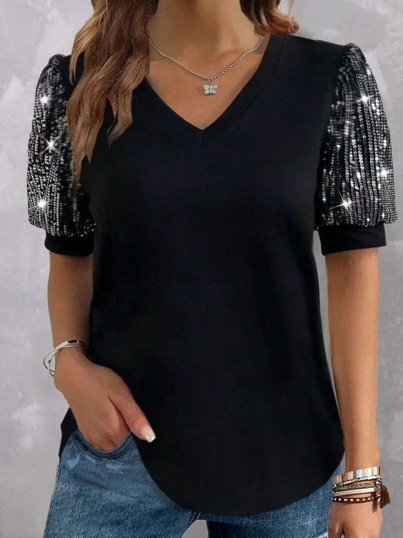 Blusa de cuello en V y mangas farol de talla grande: 1XL-5XL