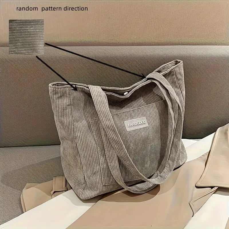 Large Capacity Tote Bag With Front Pocket -Trendy Corduroy  Pocket Solid Color