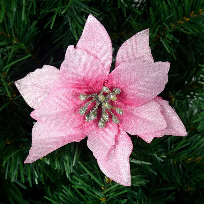 50 Pack Glitter Poinsettia Christmas Tree Ornaments -5-Inch Artificial Silk Flowers -(Pink)