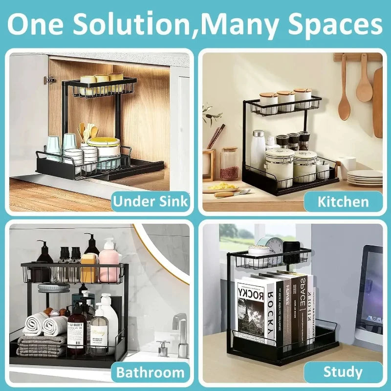 Under Sink 2 Tier Sliding Cabinet Basket with Pull Out Cabinet Multi-Purpose