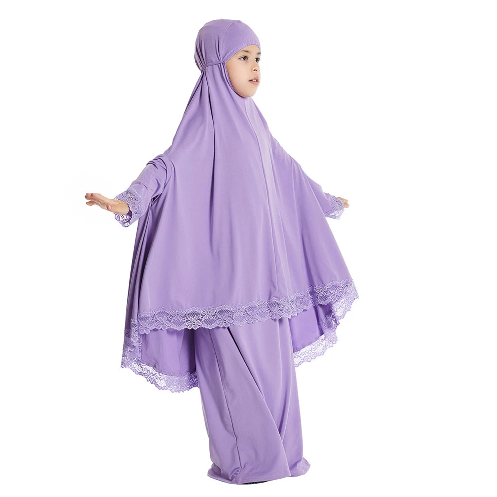 2Pcs Traditional Muslim Kids Girls Hooded Overhead Hijab Burqa Gown