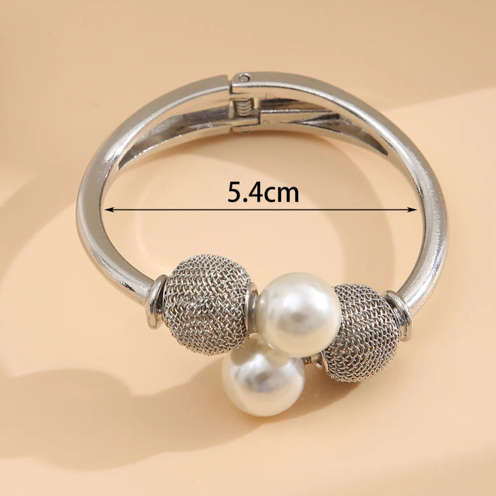 Pearl Ball Bangle Bracelet- Open Cuff Mesh Net