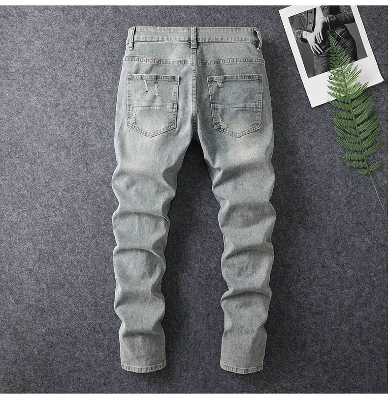 Men's Stretchy Distressed Denim Patchwork  Jeans