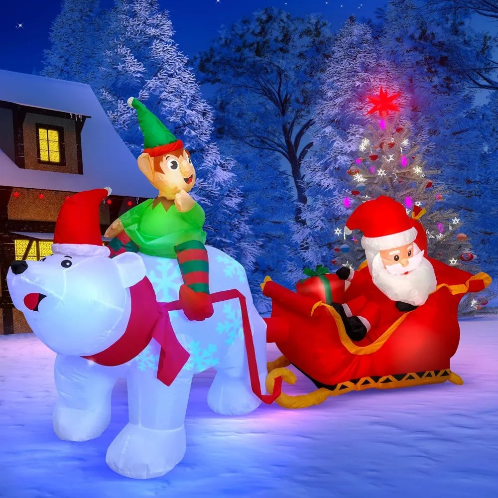 9.5Ft Outdoor Christmas Inflatables - Elf on polar bear pulling Santa Claus on Sleigh