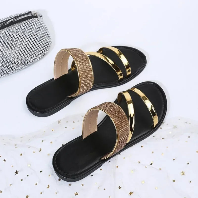 Women's  Flat Heel Sandals WITH Gold/Silver Rhinestone Strap