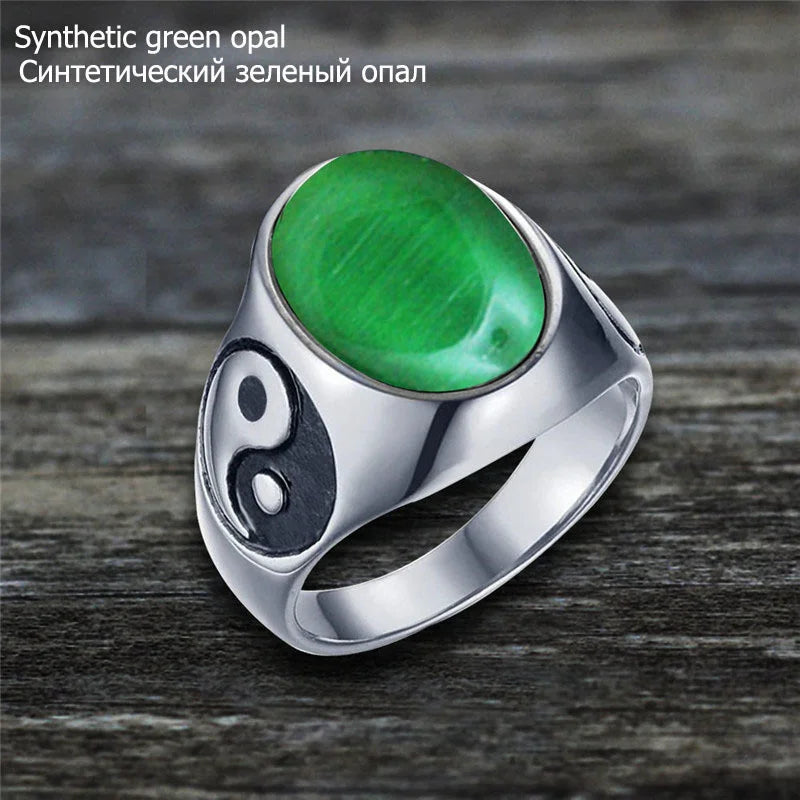 Oval Stainless Steel Yin And Yang Ring with Natural Stone