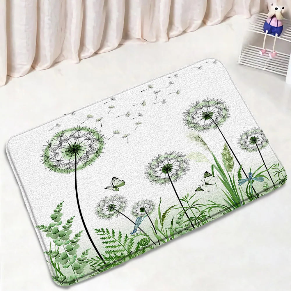 1-3pc set- Blue Floral Dandelion Flowers -Floor Rugs + Toilet Lid Cover