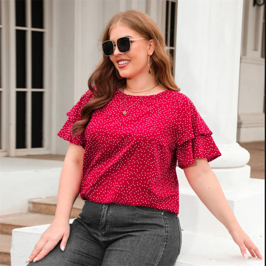 Plus Size Polka Dot O-Neck Layered Butterfly Sleeve Blouse