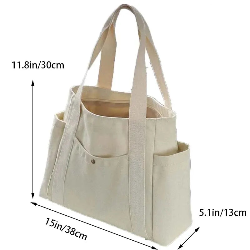 Women's Large Capacity Canvas Tote Bag with Multiple Outer Pocket Zipper