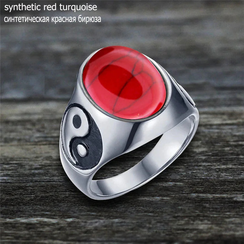 Oval Stainless Steel Yin And Yang Ring with Natural Stone