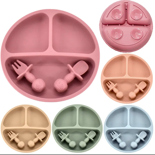 3-4 PC Set- Baby Silicone Plate + Spoon + Fork