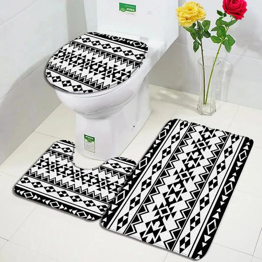 3Pcs non slip Bath Mats Set Black White Aztec Geometric Boho style Floor mats + Toilet Cover