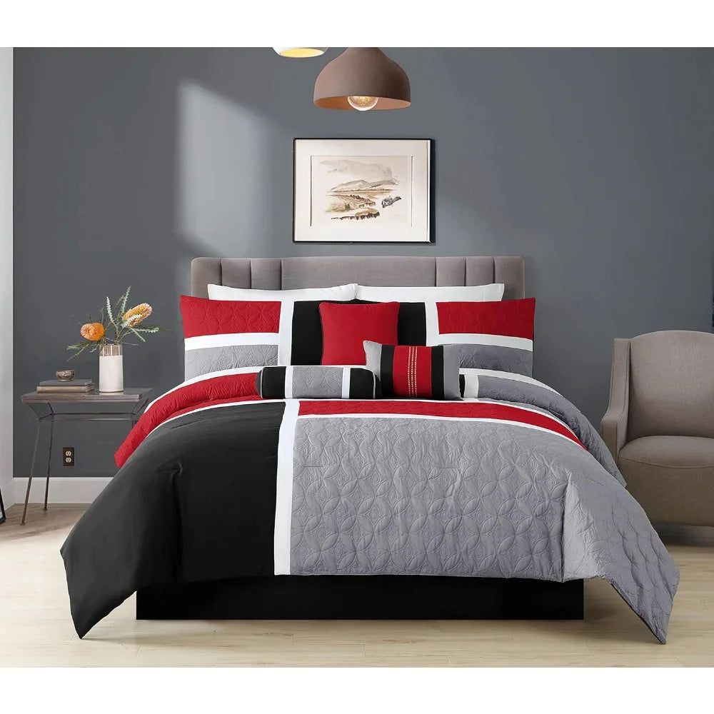 7 Piece Bed in A Bag Comforter Set, King - Red/Gray