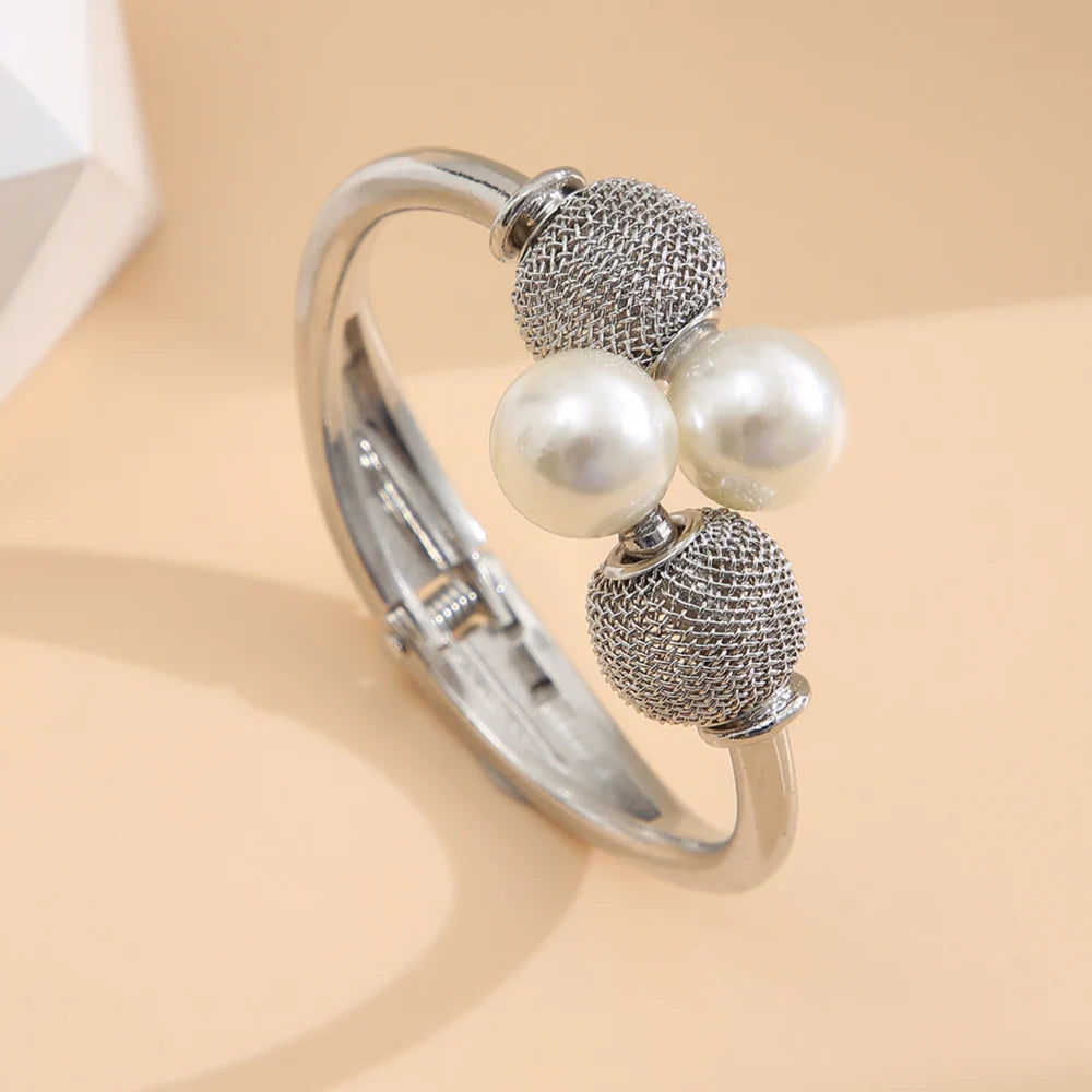 Pearl Ball Bangle Bracelet- Open Cuff Mesh Net