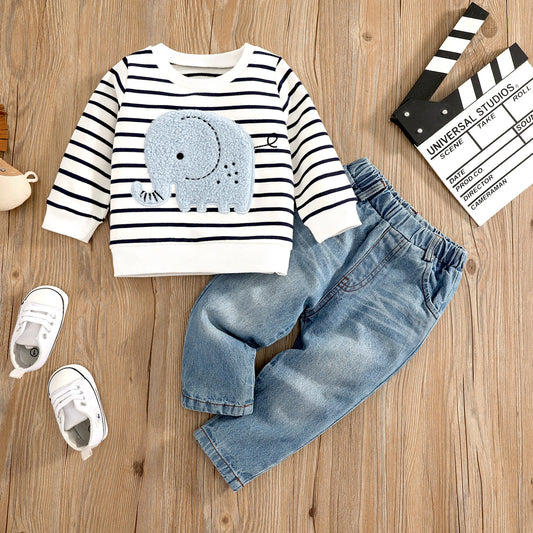 2pc set- boy Long-sleeve Elephant Embroidered Striped Sweatshirt & Denim Jeans