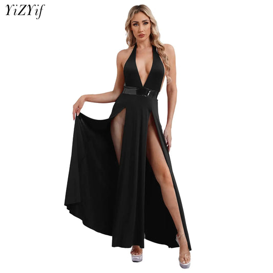 Plus Size Double High Slit Deep V Neck Sundresses with thigh Split