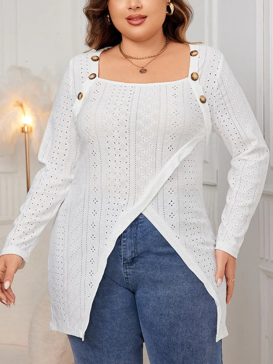 Plus Size White Square Neck Button Blouse