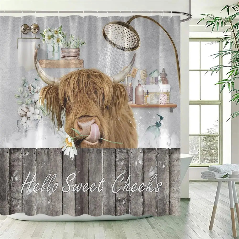 Bath Curtain - Funny Highland Cow Shower Curtains with Hooks