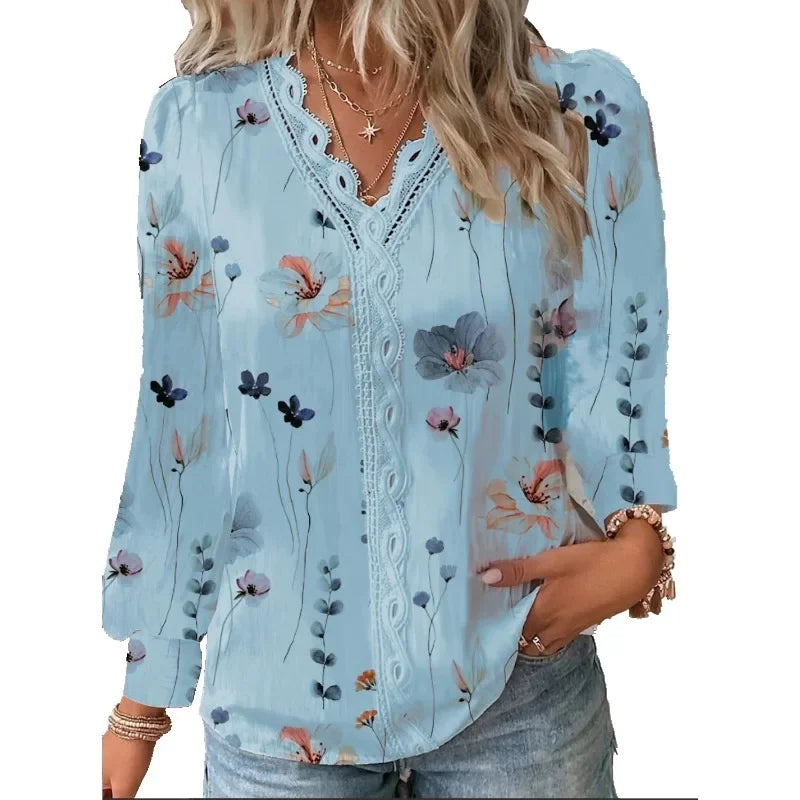 Women's Autumn Casual Long Sleeved Lace  V-neck Shirt w/Floral Print