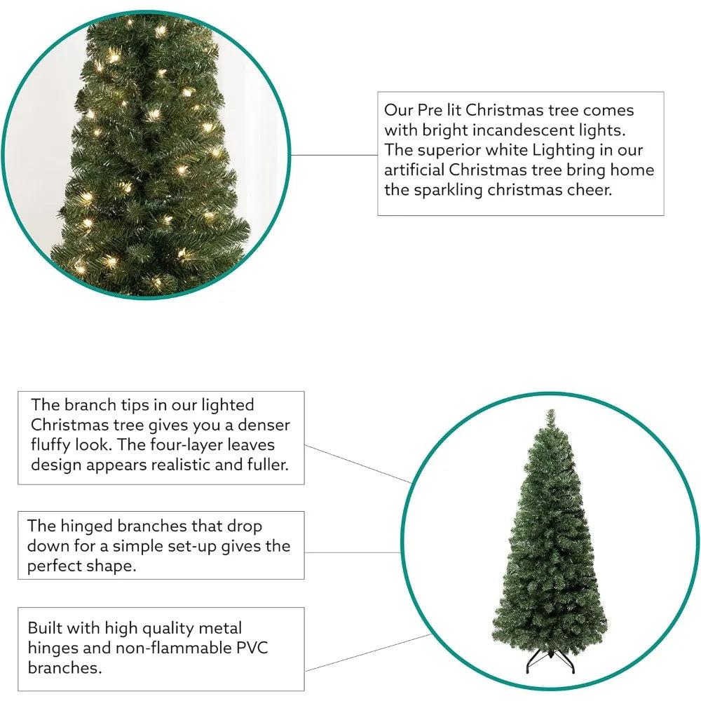 Wide Realistic Artificial Skinny Pencil Christmas Tree - 1102 Branch Tips, 350 Warm Lights and Metal Stand - 4.5 ft, 7.5 ft