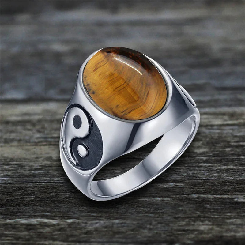 Oval Stainless Steel Yin And Yang Ring with Natural Stone