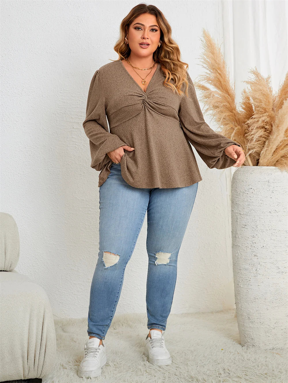 Plus Size Casual V Neck Twist Front Peplum Tunic Blouse with Full Lantern Sleeve