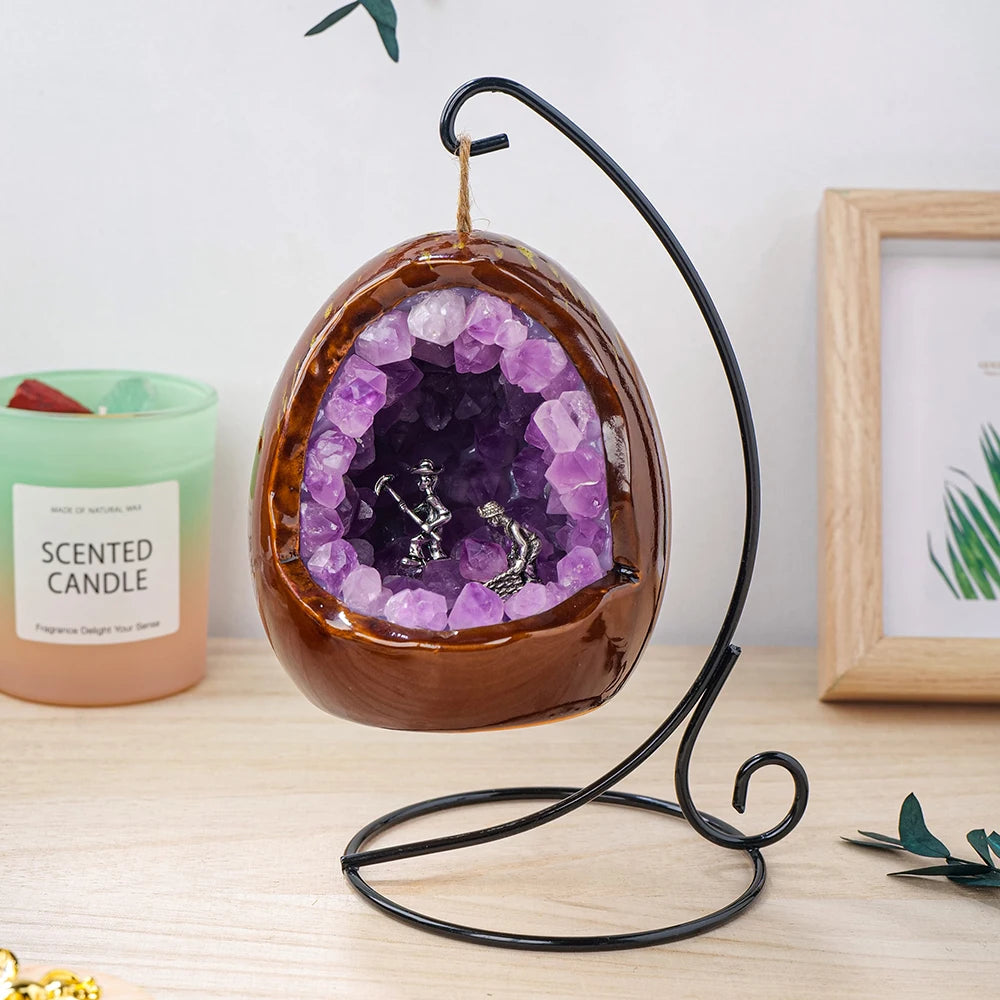 1PC Natural Crystal Amethyst Dinosaur Egg Shaped Geode Lamp