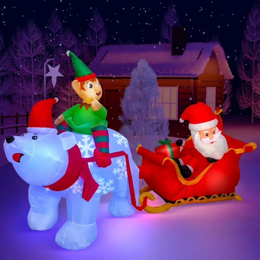 9.5Ft Outdoor Christmas Inflatables - Elf on polar bear pulling Santa Claus on Sleigh