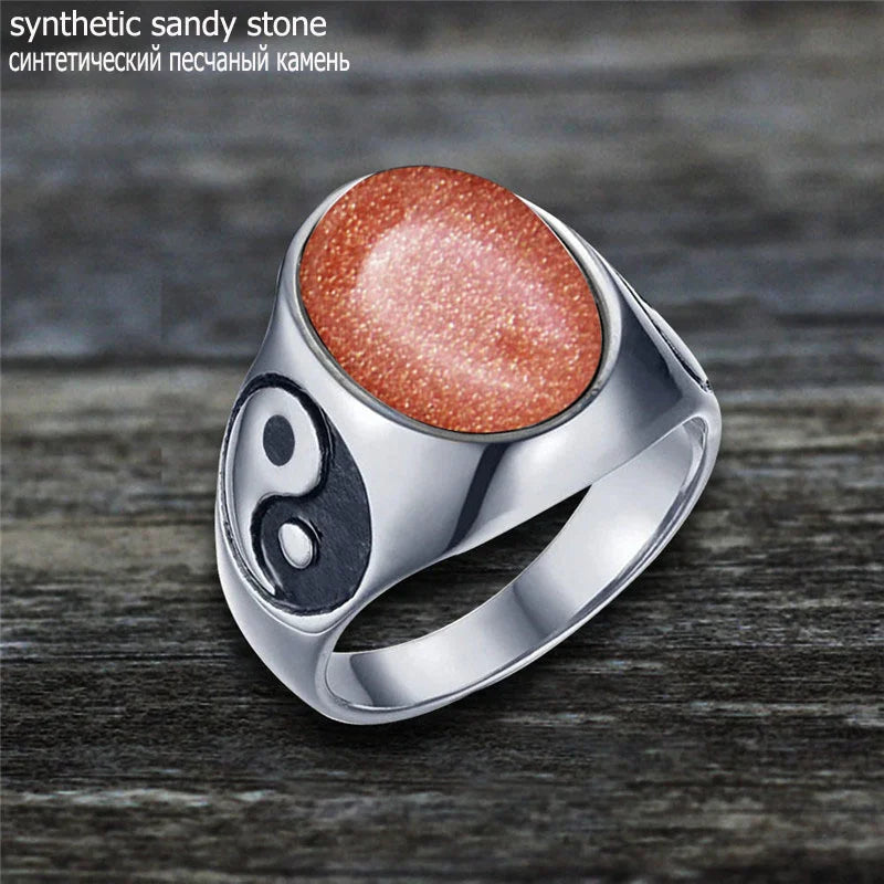 Oval Stainless Steel Yin And Yang Ring with Natural Stone