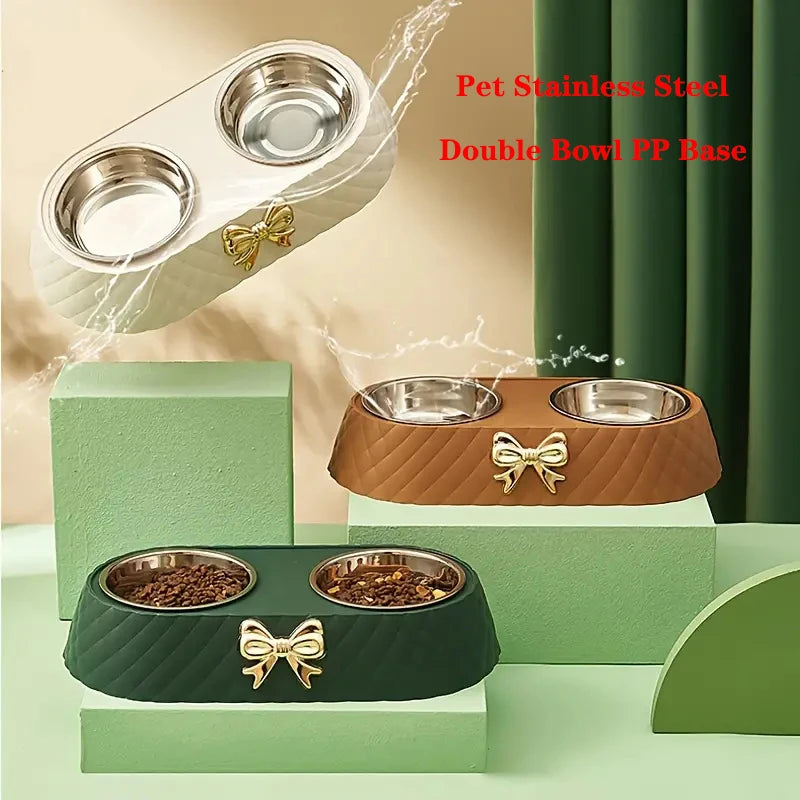 Double Stainless Steel Cat Food Bowl with Bow-tie design