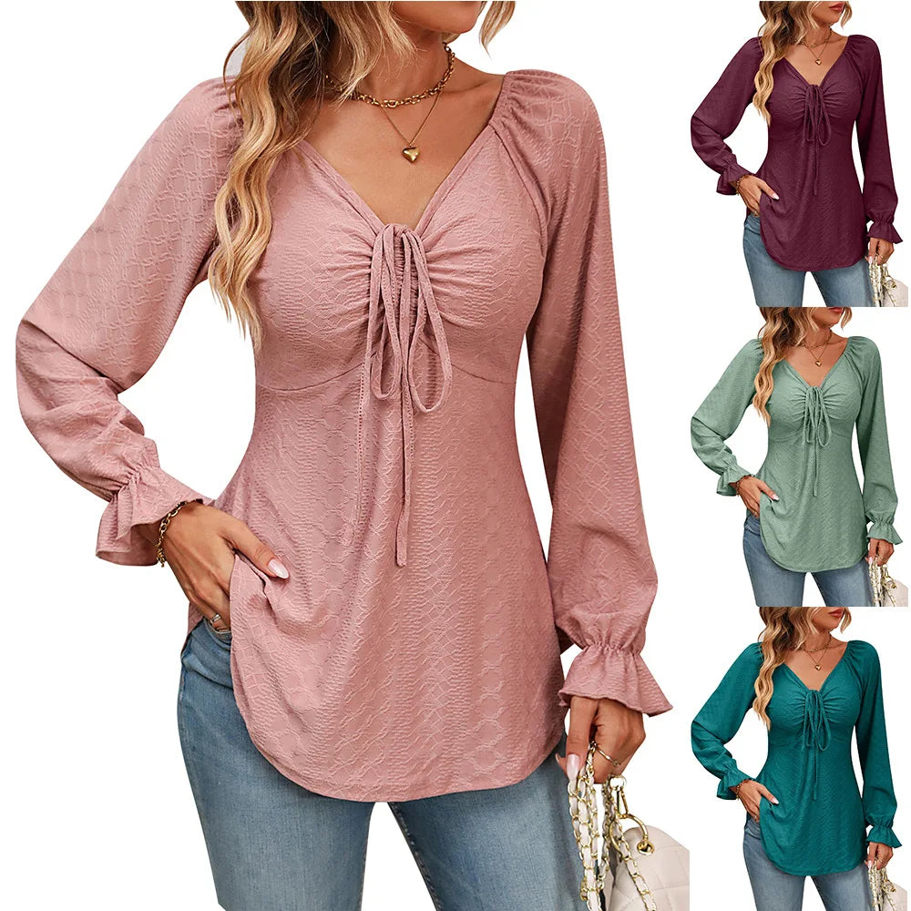 Long Sleeve V-neck Drawstring T-shirt