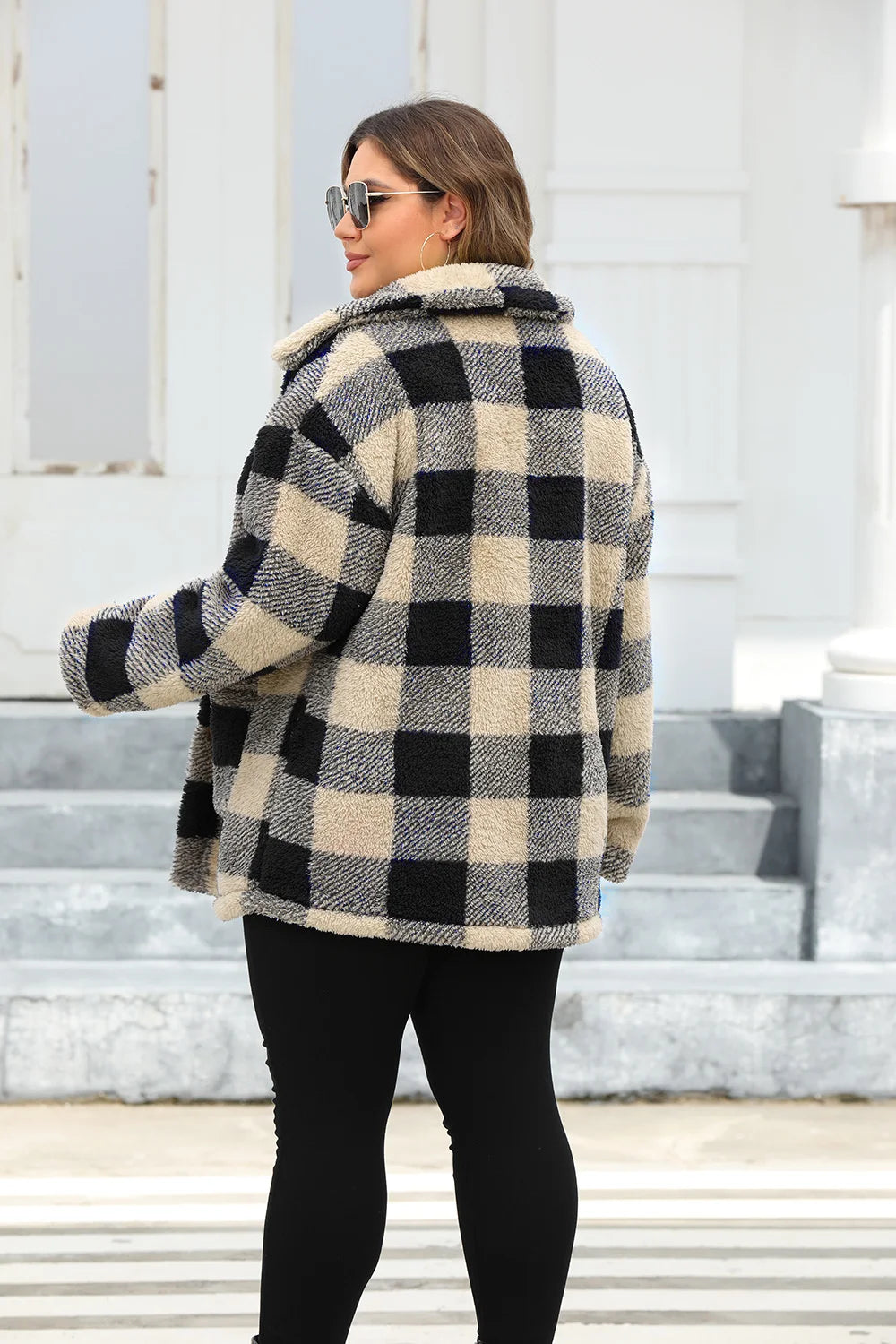 Plus Size Plaid Single Breasted Long Sleeve Plush Lapel Jacket with Pockets