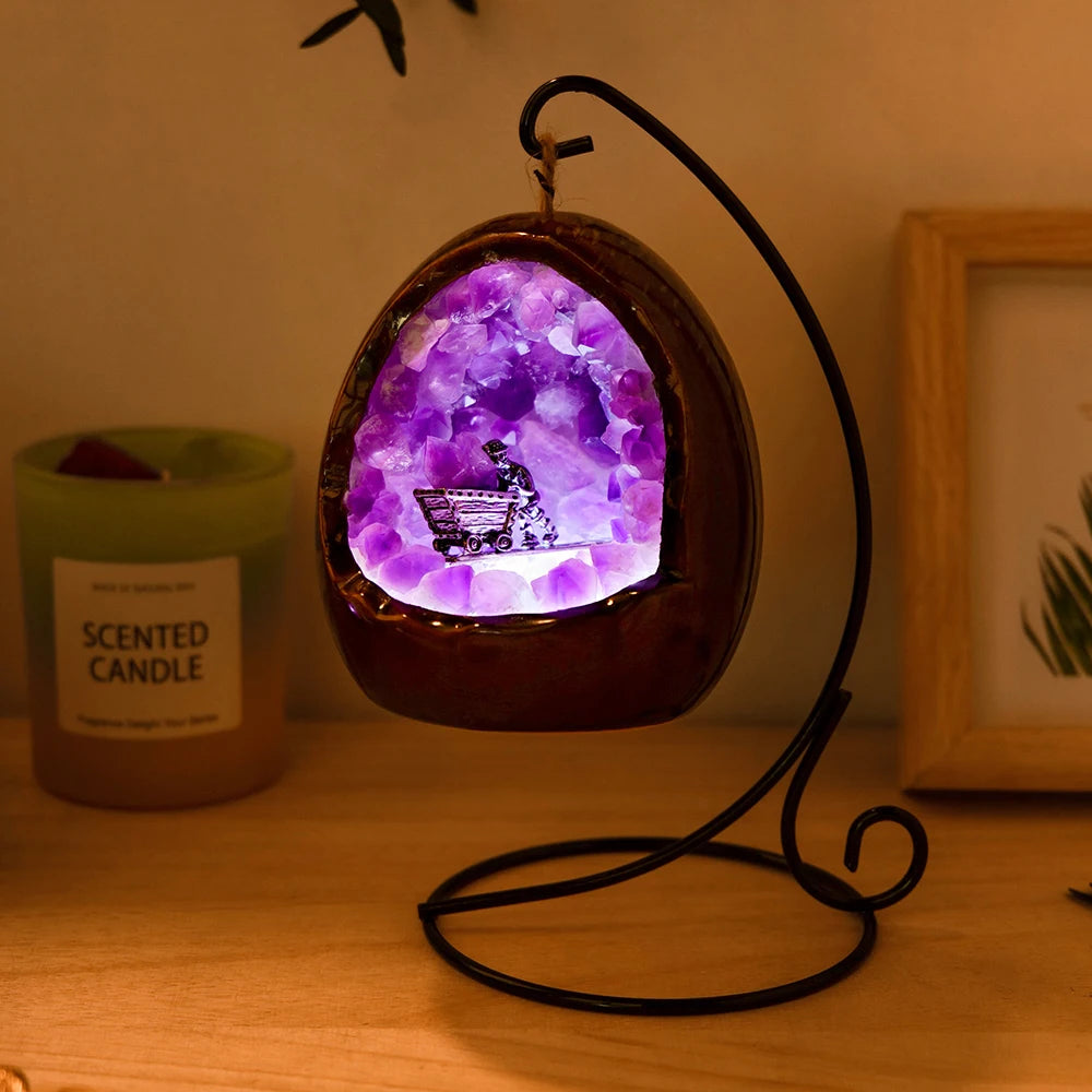 1PC Natural Crystal Amethyst Dinosaur Egg Shaped Geode Lamp