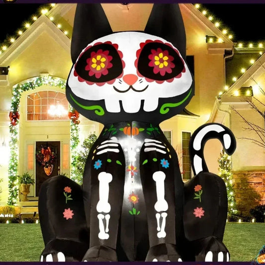 6Ft  Inflatable Black Cat Halloween Sugar Skull Blow Up cat Halloween  yard Decoration