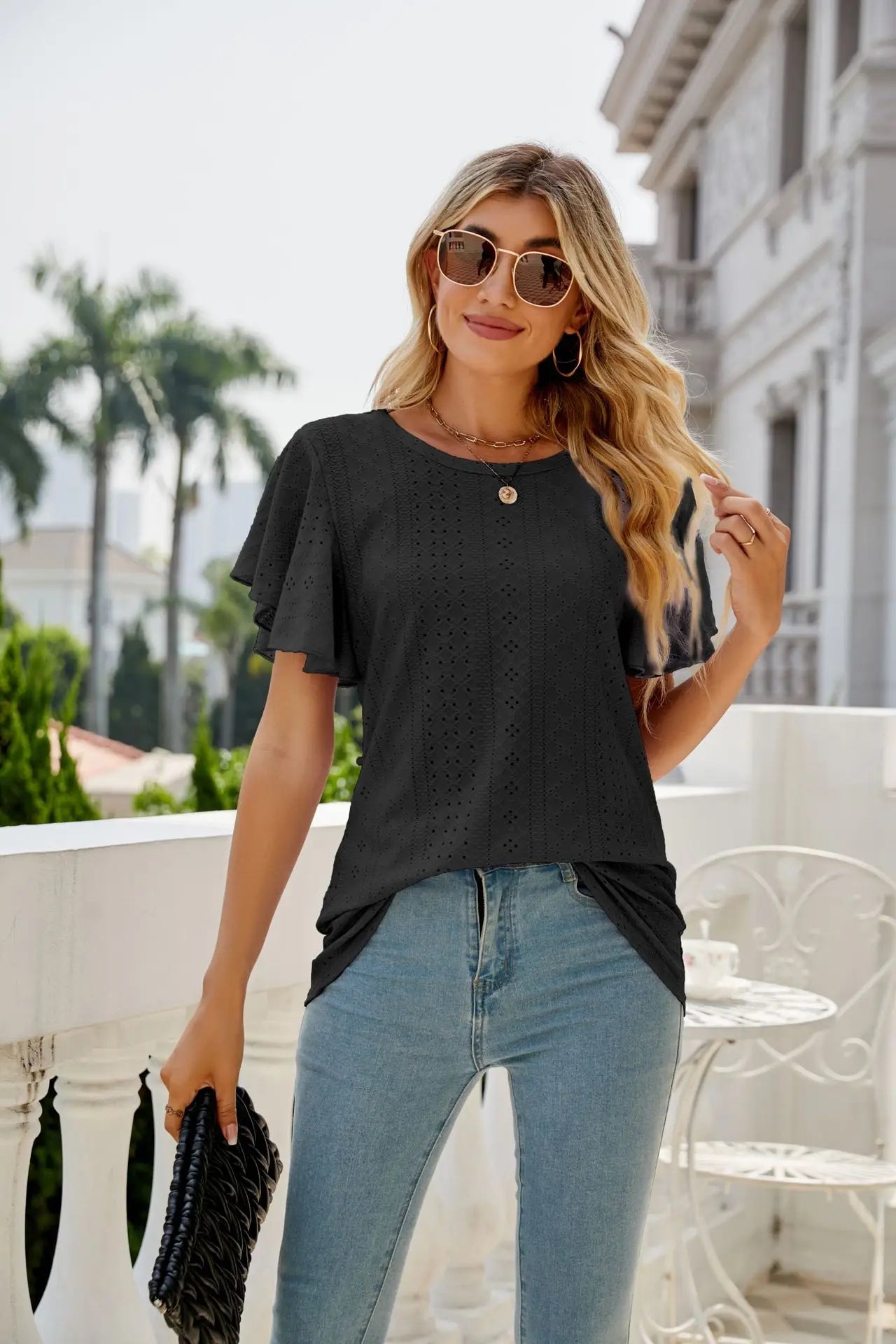 Hollow Round Neck T-Shirt with Ruffle Edge