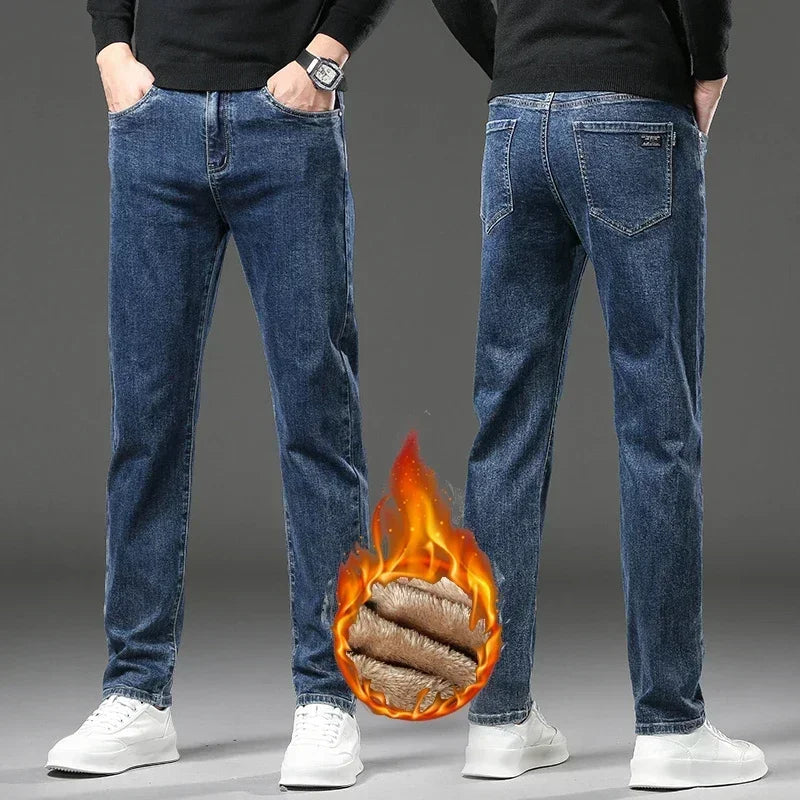 Men's Plush Trousers Winter Fleece Jeans - Slim Straight Leg- Elastic Denim