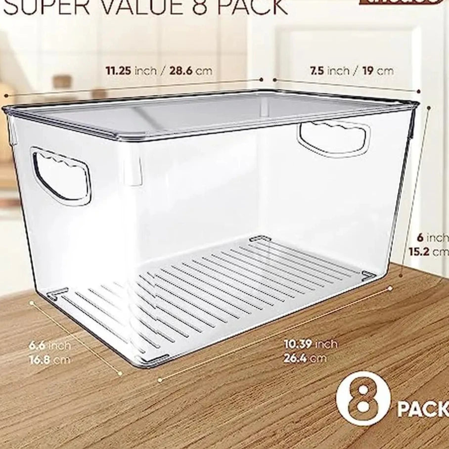 8 Pack Large Clear Storage Bins with Handle -Pantry/Fridge Organization