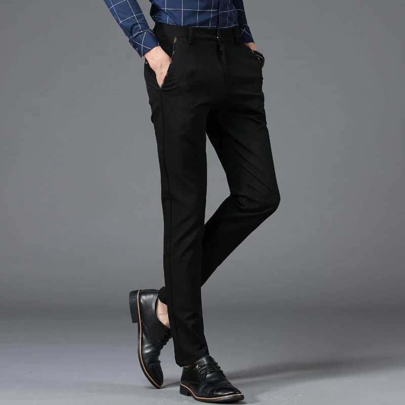 Men's Business Classic Casual Trousers -Slim Fit Black/Blue Elastic High Waist