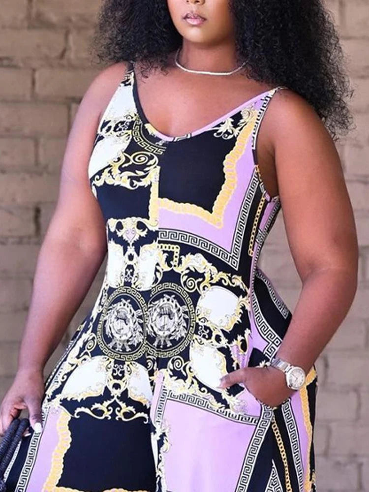 Plus Size  Jumpsuit- Baroque Scarf Print With Wide Leg