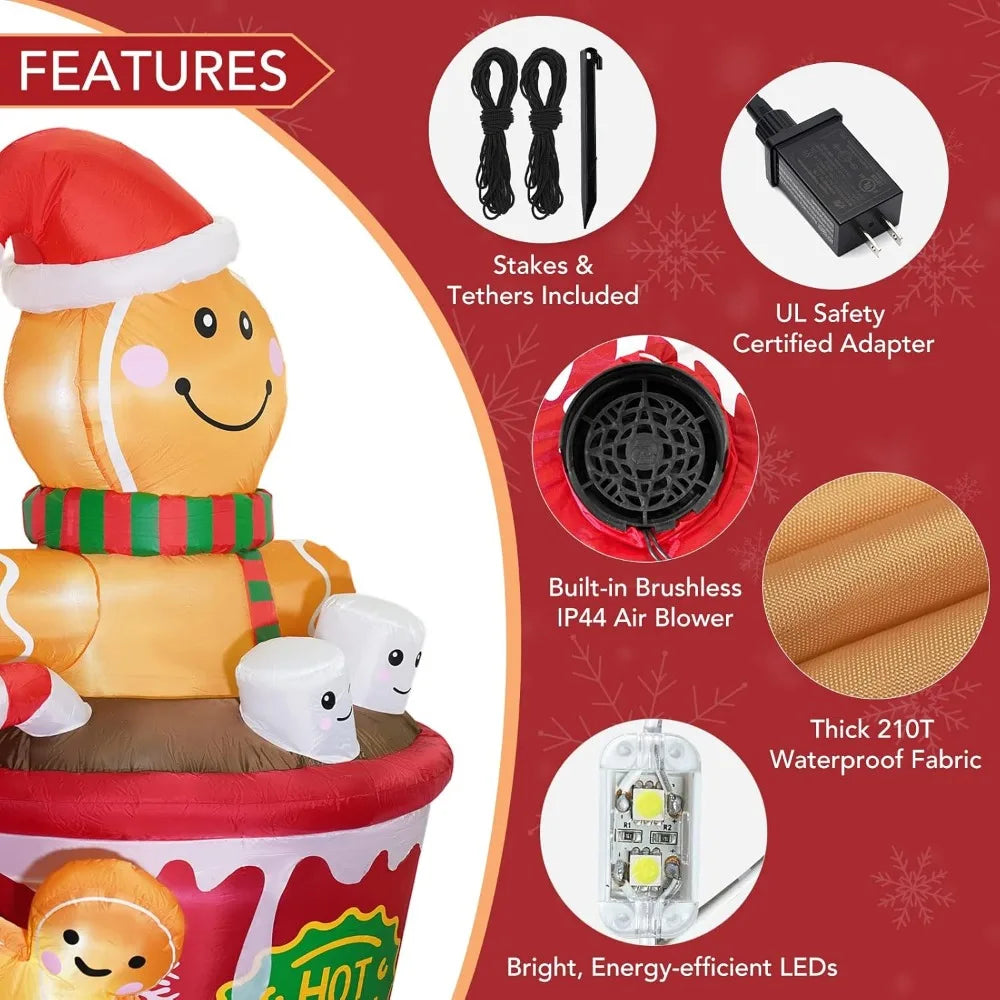 6 FT Christmas Yard  Inflatables -Gingerbread Man in Hot Cocoa Mug Scene